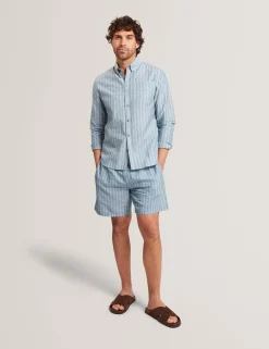 New Lobster Limited Breezy Blues Bearbeiten|Shirts<Gestreiftes Langarmhemd aus Leinenmischgewebe