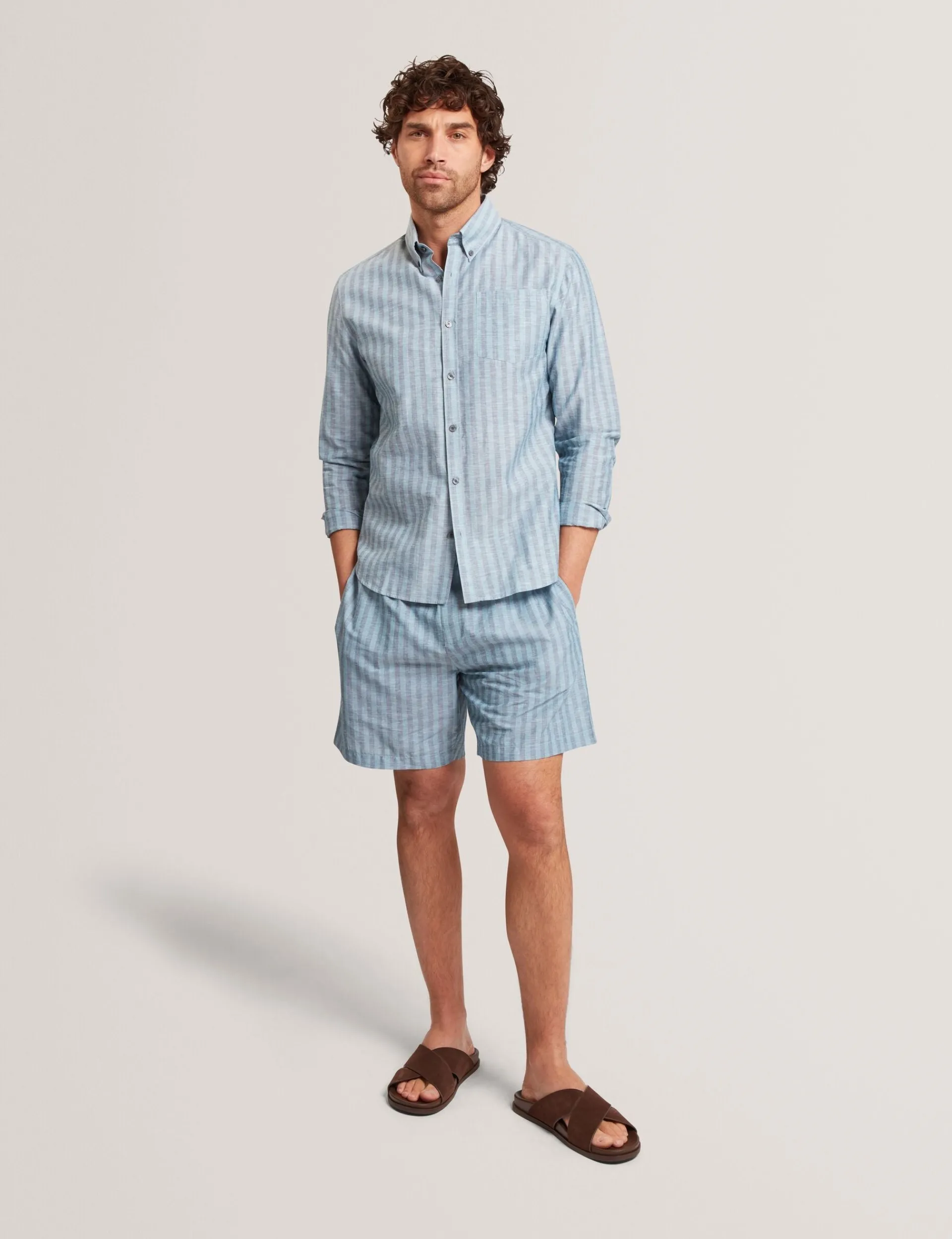 New Lobster Limited Breezy Blues Bearbeiten|Shirts<Gestreiftes Langarmhemd aus Leinenmischgewebe
