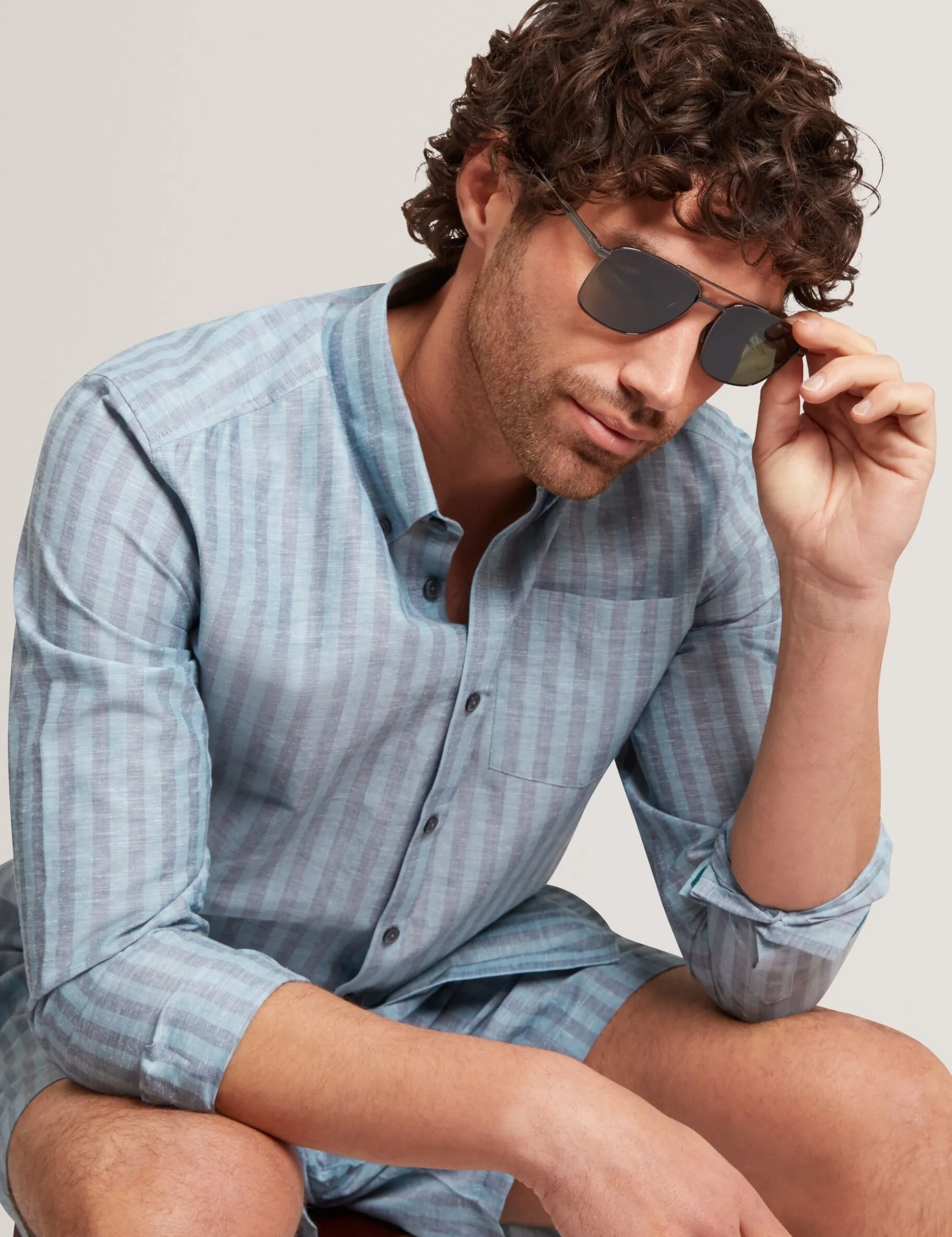 New Lobster Limited Breezy Blues Bearbeiten|Shirts<Gestreiftes Langarmhemd aus Leinenmischgewebe