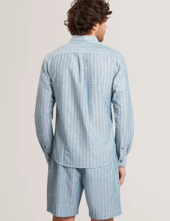 New Lobster Limited Breezy Blues Bearbeiten|Shirts<Gestreiftes Langarmhemd aus Leinenmischgewebe