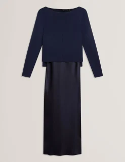 New Lobster Limited Kleider|Luftiger Blues Bearbeiten<2-in-1 Satin-Unterkleid mit Strickoberteil