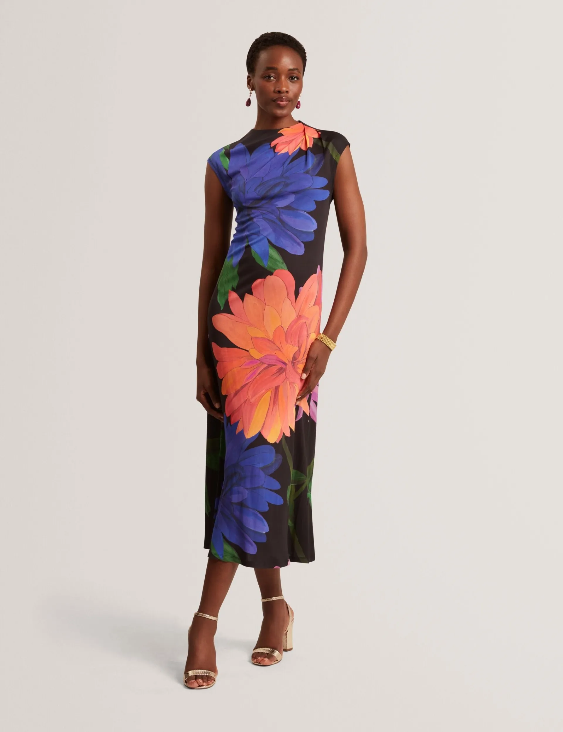 New Lobster Limited Der Weihnachtsladen|Kleider<Jersey-Midikleid mit Dahlienmuster und drapiertem Kragen
