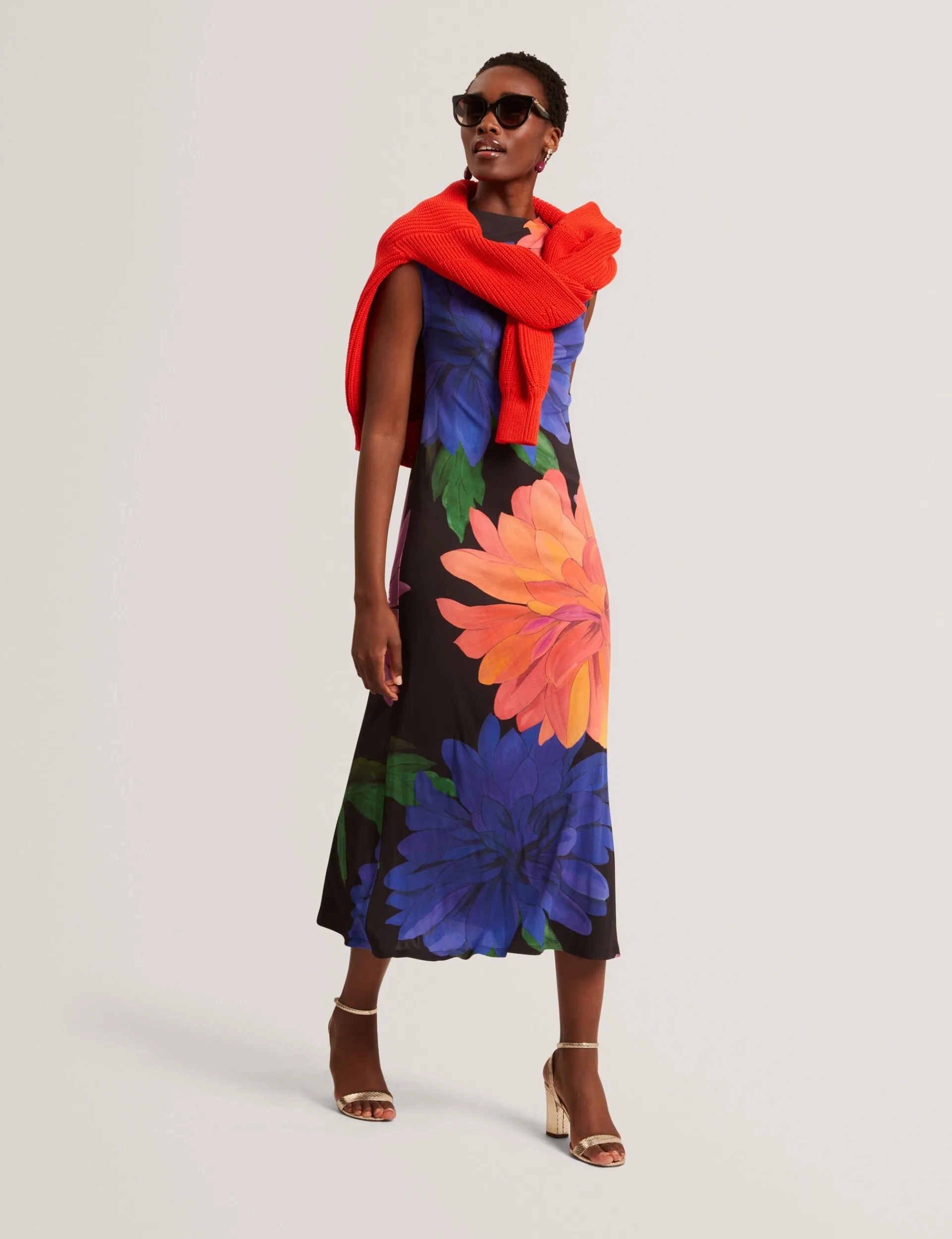 New Lobster Limited Der Weihnachtsladen|Kleider<Jersey-Midikleid mit Dahlienmuster und drapiertem Kragen