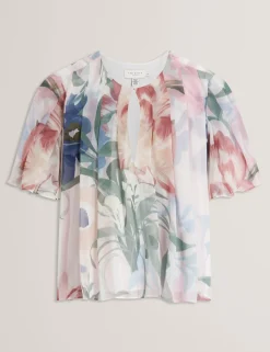 New Lobster Limited Anzüge & Zweiteiler|Oberteile & Blusen<Kurzarm-Top mit Blumenmuster und Falten, Engelsmotiv