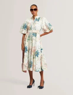 New Lobster Limited Der Weihnachtsladen|Arbeitskleidung<Leinen-Midi-Hemdblusenkleid mit Puffärmeln „Soft Blooms“