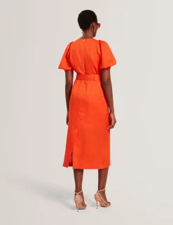 New Lobster Limited Golden Hour|Kleider<Leinen-Midikleid mit Puffärmeln und Gürtel