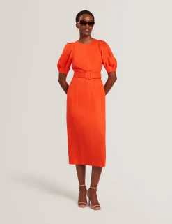 New Lobster Limited Golden Hour|Kleider<Leinen-Midikleid mit Puffärmeln und Gürtel