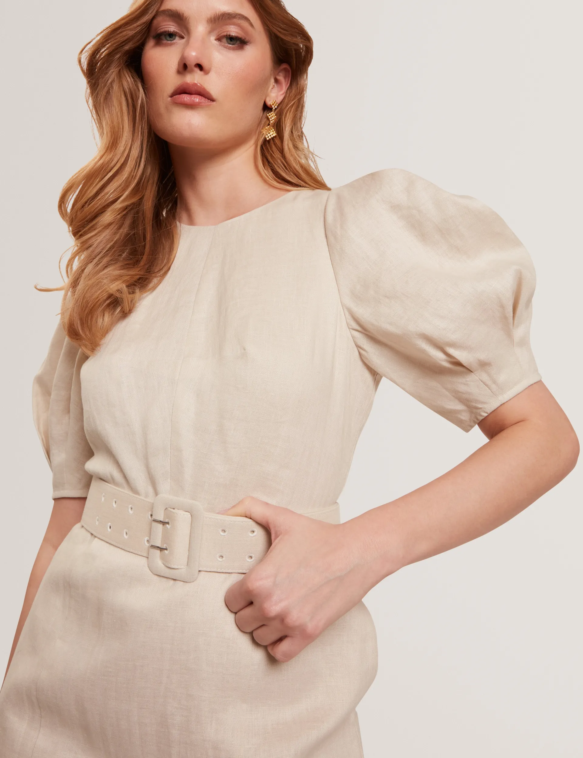 New Lobster Limited Golden Hour|Kleider<Leinen-Midikleid mit Puffärmeln und Gürtel