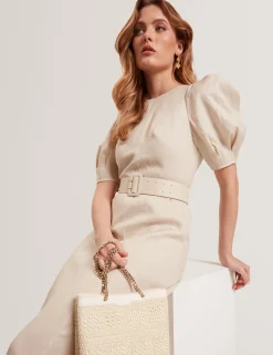 New Lobster Limited Golden Hour|Kleider<Leinen-Midikleid mit Puffärmeln und Gürtel