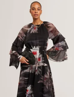 New Lobster Limited Festliche Kleidung|Neue Frühlingsblumen<Maxikleid mit Lilienmuster, Rüschen und langen Ärmeln