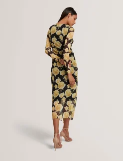 New Lobster Limited Festliche Kleidung|Neue Frühlingsblumen<Midikleid aus Mesh mit Rosenmuster und langen Ärmeln