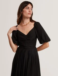 New Lobster Limited Kleider|Golden Hour<Midikleid aus Webstoff mit Puffärmeln und V-Ausschnitt