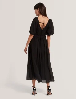 New Lobster Limited Kleider|Golden Hour<Midikleid aus Webstoff mit Puffärmeln und V-Ausschnitt