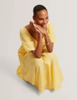 New Lobster Limited Kleider|Golden Hour<Midikleid aus Webstoff mit Puffärmeln und V-Ausschnitt