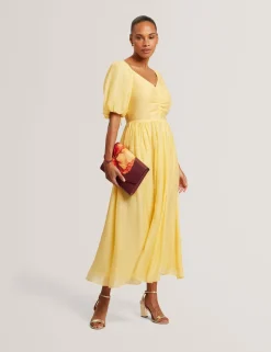 New Lobster Limited Kleider|Golden Hour<Midikleid aus Webstoff mit Puffärmeln und V-Ausschnitt