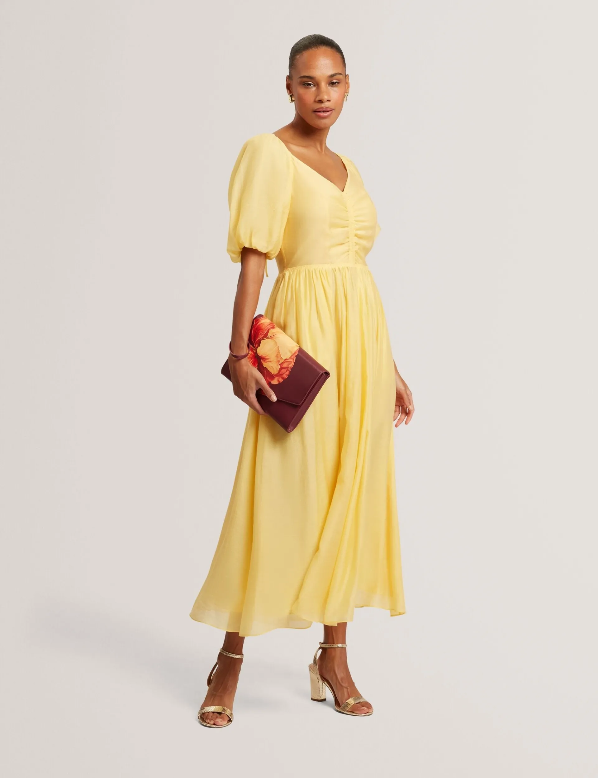 New Lobster Limited Kleider|Golden Hour<Midikleid aus Webstoff mit Puffärmeln und V-Ausschnitt