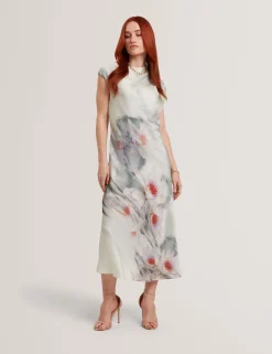 New Lobster Limited Festliche Kleidung|Neue Frühlingsblumen<Midikleid mit Lilienmuster und Drapierung am Kragen