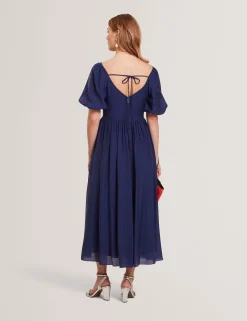 New Lobster Limited Kleider|Golden Hour<Midikleid mit Puffärmeln, Raffungen und V-Ausschnitt
