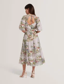 New Lobster Limited Festliche Kleidung|Neue Frühlingsblumen<Midikleid mit Seerosenmuster und Puffärmeln