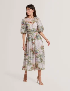 New Lobster Limited Festliche Kleidung|Neue Frühlingsblumen<Midikleid mit Seerosenmuster und Puffärmeln