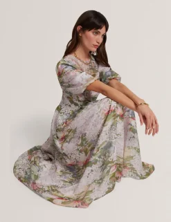 New Lobster Limited Festliche Kleidung|Neue Frühlingsblumen<Midikleid mit Seerosenmuster und Puffärmeln