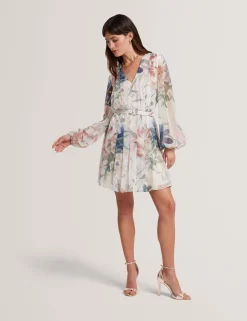 New Lobster Limited Festliche Kleidung|Neue Frühlingsblumen<Minikleid mit Blumenmuster, plissiert, langärmelig