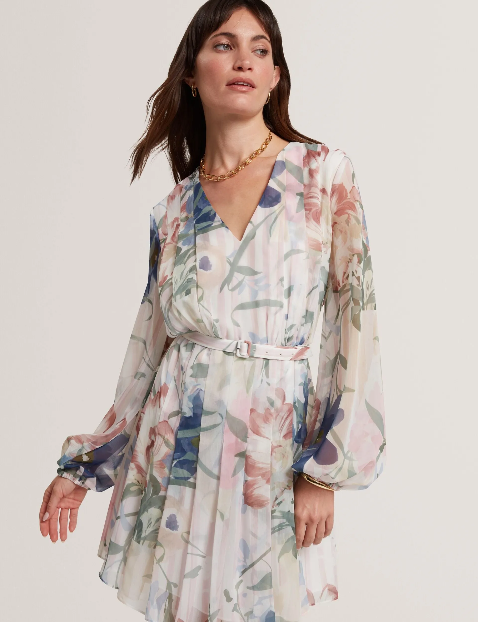 New Lobster Limited Festliche Kleidung|Neue Frühlingsblumen<Minikleid mit Blumenmuster, plissiert, langärmelig