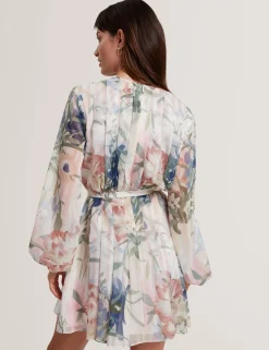 New Lobster Limited Festliche Kleidung|Neue Frühlingsblumen<Minikleid mit Blumenmuster, plissiert, langärmelig