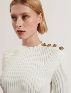 New Lobster Limited Kleider|Arbeitskleidung<Strickkleid mit Rosenknopf, figurbetont, Midi-Länge