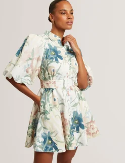 New Lobster Limited Festliche Kleidung|Neue Frühlingsblumen<Weich fallendes Leinen-Minihemdkleid mit Puffärmeln